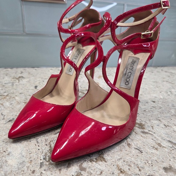 Jimmy Choo Patent Leather Strappy Heels Pumps Red Size 40.5